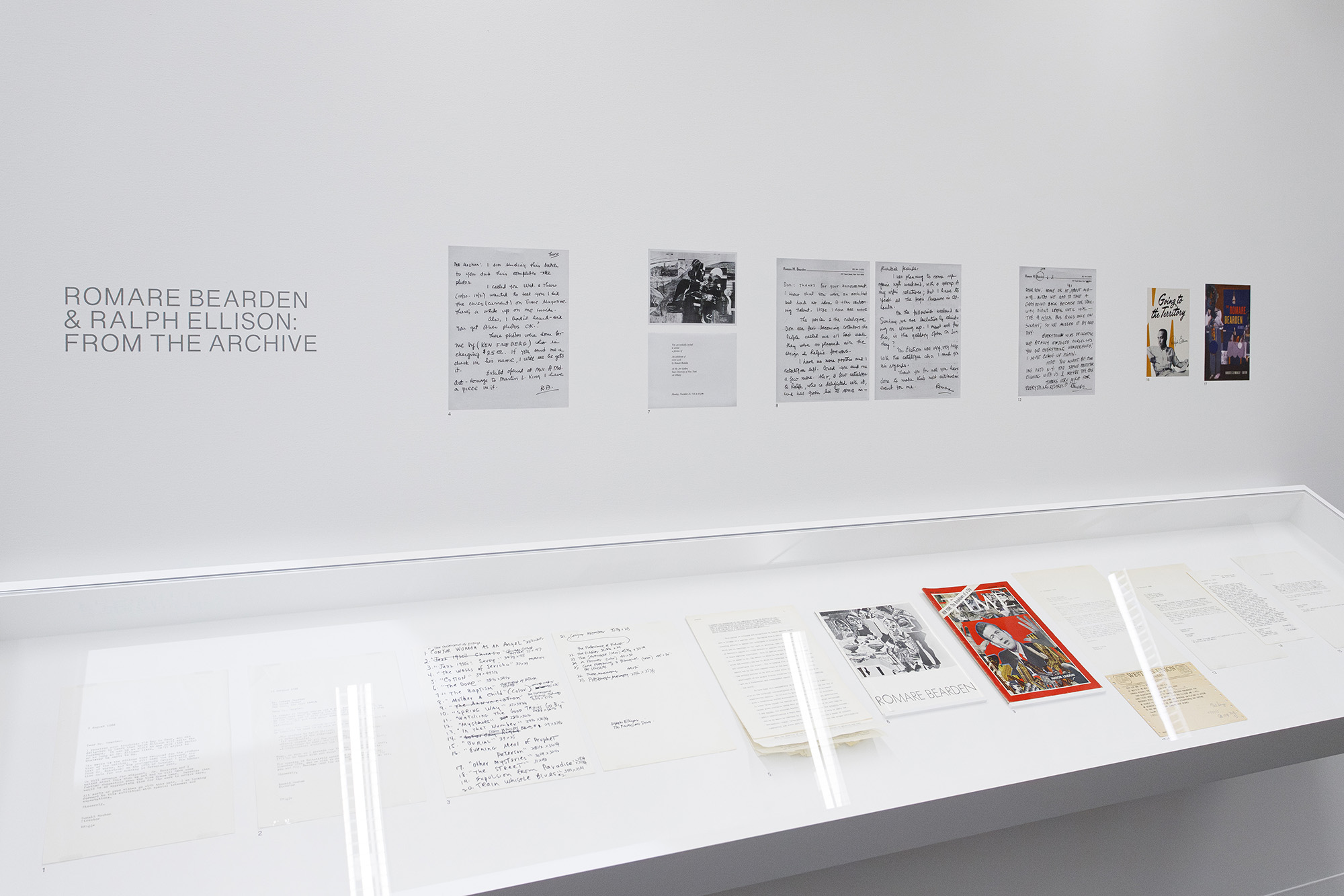 Black and white hand written and typed correspondence sits in a display case for the Collections Study Space exhibition Romare Bearden and Ralph Ellison: From the Archive
