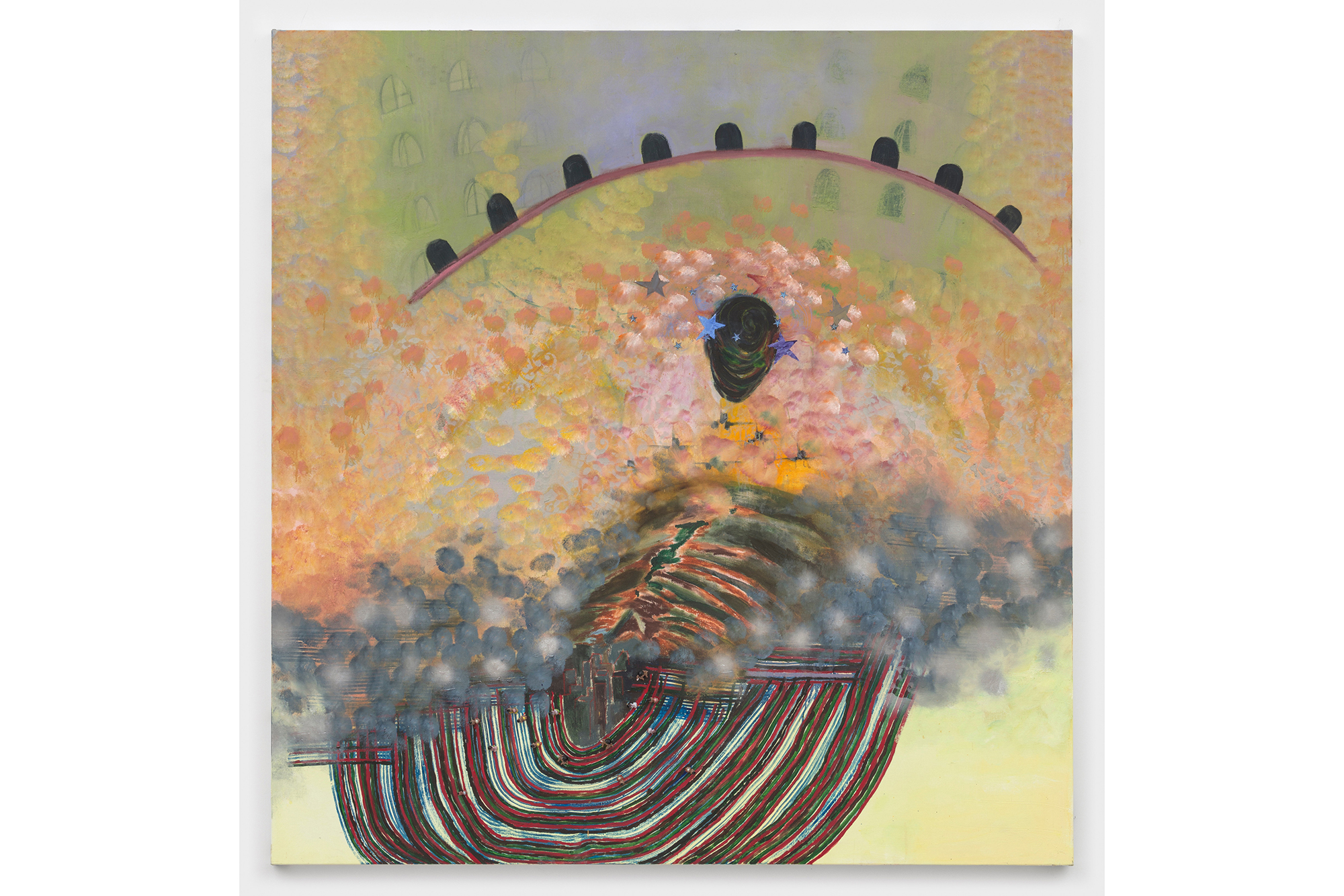 A colorful abstract painting made of pastel-like colors and dark curvilinear forms by upcoming exhibiting artist mosie romney. 